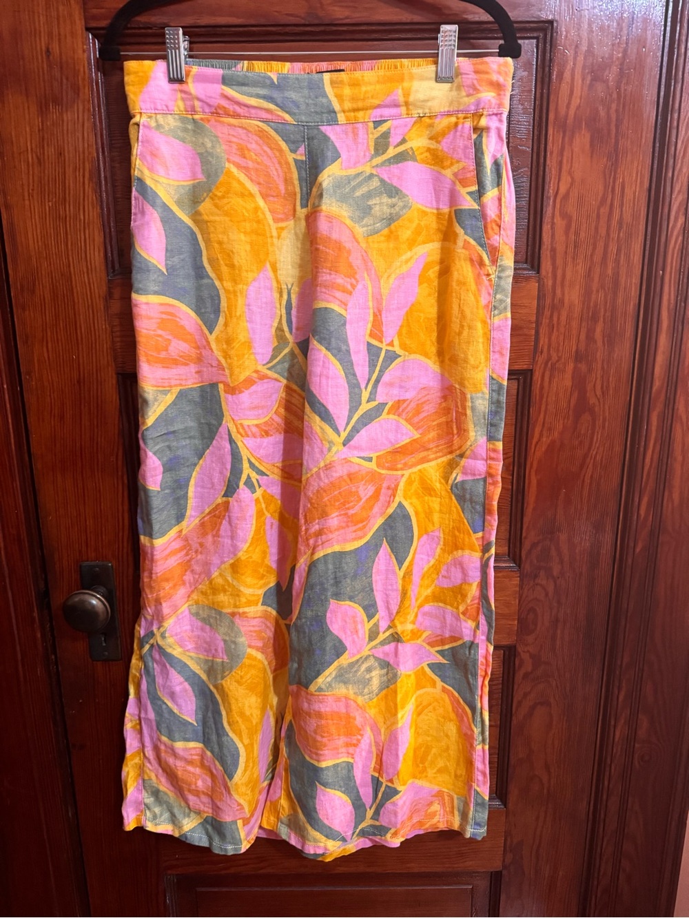 Tahari 100% Linen Wide-Leg Cropped Pants Tropical Print Medium